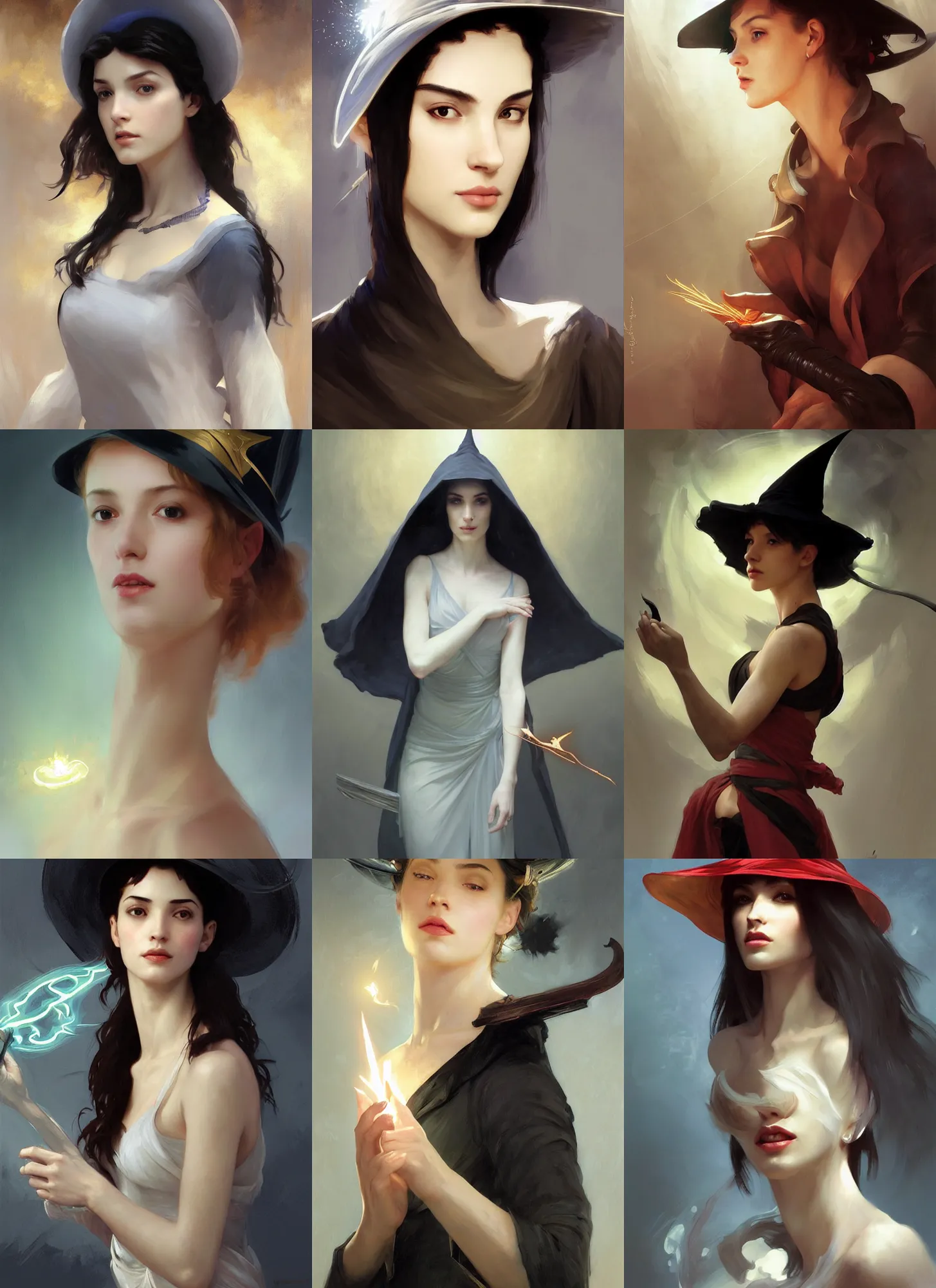 Prompt: character concept portrait of an attractive young focused brazilian witch with pale skin wearing a very large pointy hat and casting a glowing spell, intricate, elegant, digital painting, concept art, smooth, sharp focus, illustration, from Metal Gear, by Ruan Jia and Mandy Jurgens and William-Adolphe Bouguereau, Artgerm