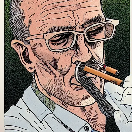 Prompt: a man smoking a cigarette by geof darrow, detailed, realistic shading