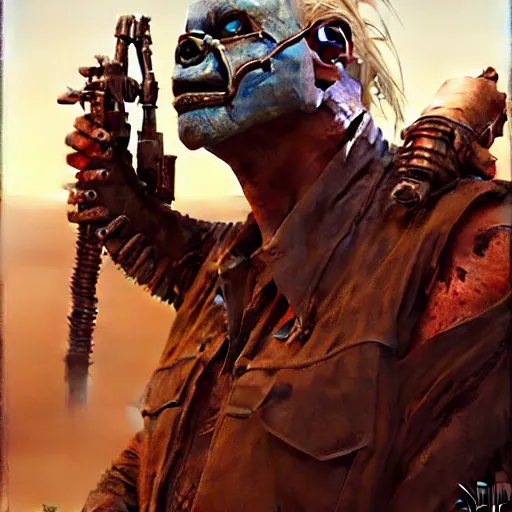 Image similar to Portrait of Immortan Joe by Greg Rutkowski. He is making an announcement from his war rig in the desert by Mark Arian. It is bright and desolate and rusty by H.R. Giger. soft render, octane, highly detailed painting by Moebius. artstation Blank Canvas Scene by Tetsuya Nomura.