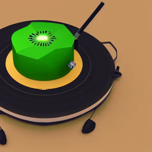 Image similar to a funny turntable with a needle on top of kiwi, a low poly render, featured on polycount, computer art, sketchfab, rendered in maya, voxel art