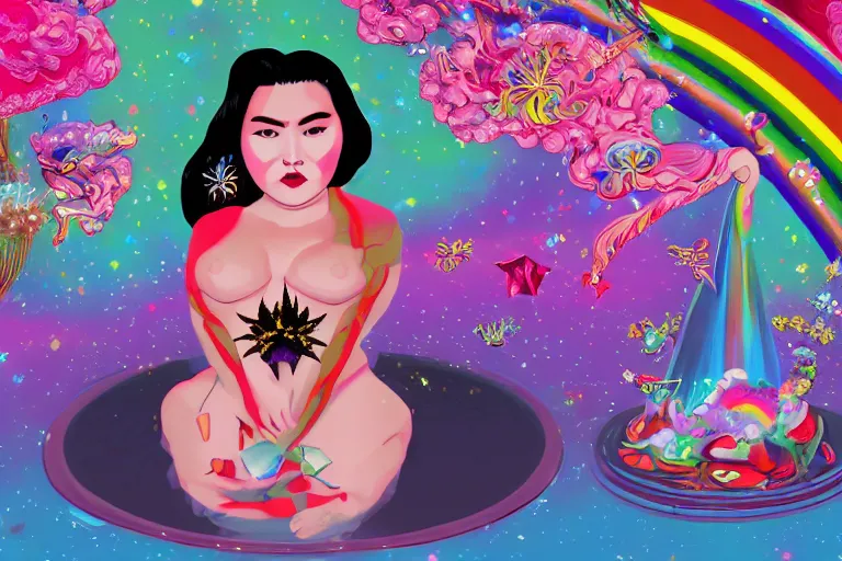 Prompt: kim jong un, psychedelic, whimsical, anime, 4k, beautiful seductive succubus smoking weed, with professional makeup, long trippy hair, a crystal and flower dress, sitting on a reflective pool, surrounded by gems, underneath the stars, rainbow fireflies, trending on patreon, deviantart, twitter, artstation, volumetric lighting, heavy contrast, art style of Greg Rutkowski and Miho Hirano and Ross Tran