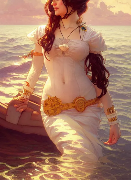 Image similar to sailor on its boat, fantasy, highly detailed, digital painting, artstation, concept art, wallpaper, smooth, sharp focus, illustration, art by artgerm and greg rutkowski and alphonse mucha