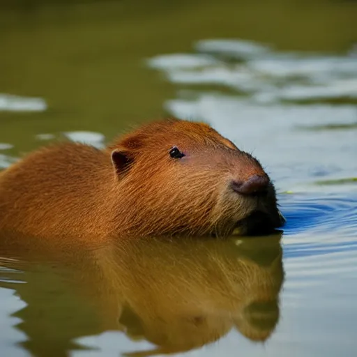 Image similar to capybara sitting in a pond, duckling on its head