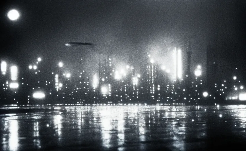 Image similar to 35mm night skyline urban photographic landscape of Blade Runner 1982 city with industrial fires and smog, futuristic dystopian megacity skyline, hard rain falling, neon