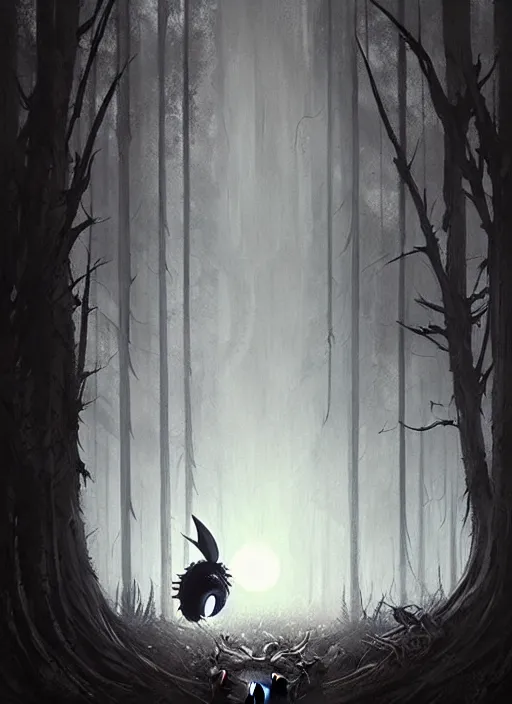 Prompt: horror art, hollow knight, entering the forest in the background, art by greg rutkowski