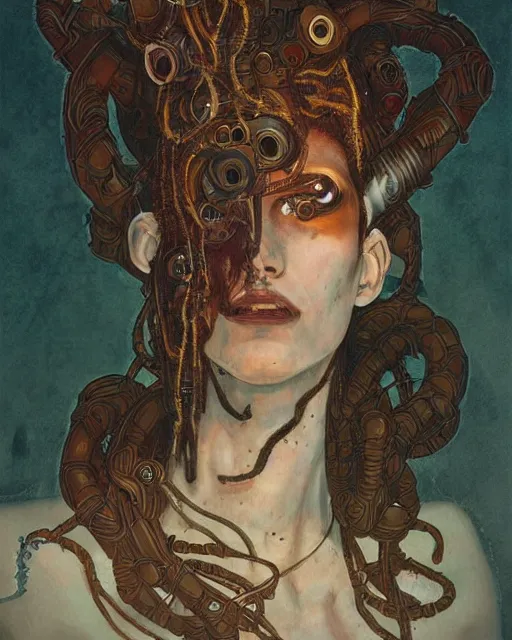 Image similar to portrait of a cyberpunk medusa by greg rutkowski in the style of egon schiele