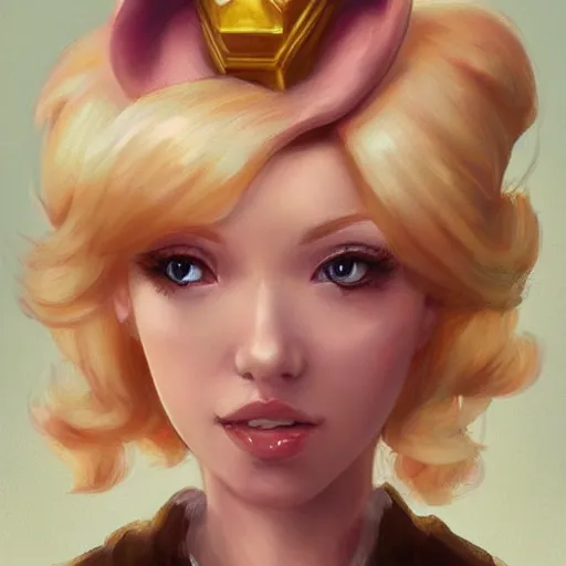 Image similar to cute princess peach as realistic blond human character art portrait, matte fantasy painting, deviantart artstation, by jason felix by steve argyle by tyler jacobson by peter mohrbacher, cinema c 9. 0