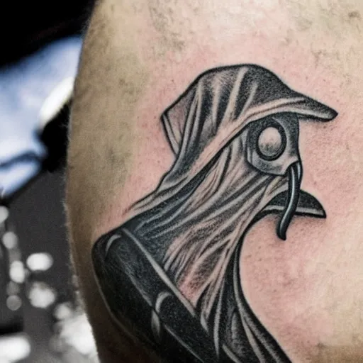 Image similar to photograph of a tatoo showing an etching of a plague doctor side shot looking at a very old pocket watch in the palm of his hand