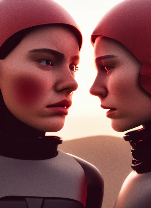 Image similar to cinestill 5 0 d photographic portrait of two loving female androids wearing rugged black techwear on a desolate plain with a red sky in front of a brutalist structure, extreme closeup, cyberpunk style, dust storm, 8 k, hd, high resolution, 3 5 mm, f / 3 2, ultra realistic faces, ex machina