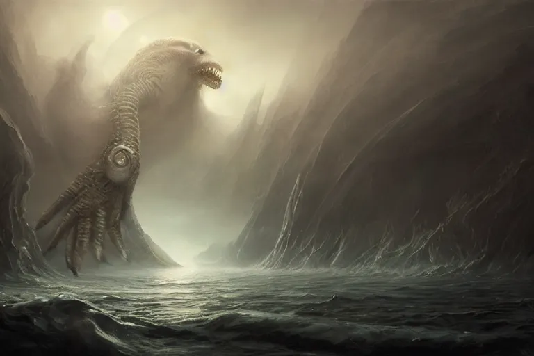 Prompt: primordial waters, chaos, kraken, madness, formless shifting, the world without form and void, darkness shone on the face of the deep, amazing concept painting by Jessica Rossier and HR Giger