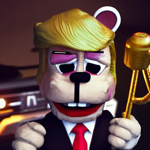 Prompt: a highly detailed photographic render of donald trump in Five Night's at Freddy's, octane 3d render