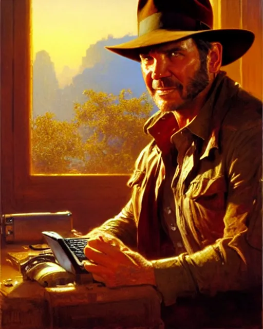 Image similar to attractive 4 5 year old man watching the movie indiana jones on his desktop computer, watching the screen gleefully, golden hour painting by gaston bussiere, craig mullins, j. c. leyendecker