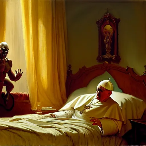 Image similar to the pope wakes up is his bed, sweating, nervous, terrified, because a double horned shadow demon lurks in the wall of the papal bedroom. highly detailed painting by gaston bussiere, j. c. leyendecker, greg rutkowski, craig mullins 8 k