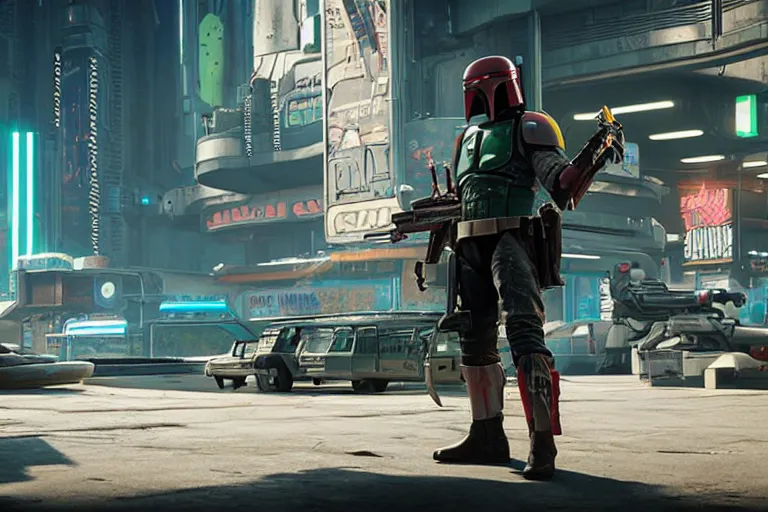 Prompt: boba fett in cyberpunk 2077