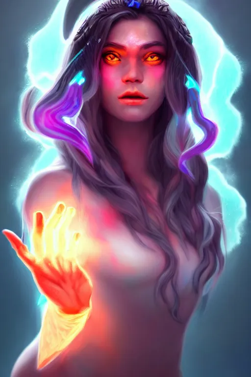 Prompt: a human elemental sorceress, mountainous setting, colorful magic effects, white skin, portrait, female, clothed, sharp focus, digital art, concept art, trending on artstation, dynamic lighting, by emylie boivin