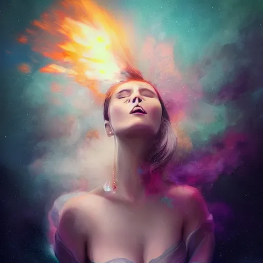 Prompt: a hyperdetailed portrait matte paitning of a beautiful woman blowing iridescent smoke depicted as a nebulous explosion, by vanessa lemen by charlie bowater by ross tran by beeple