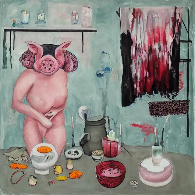 Image similar to “ a portrait in a female art student ’ s apartment, sensual, a pig theme, bathing, pork, art supplies, surgical iv bag, octopus, ikebana, herbs, a candle dripping white wax, japanese pottery, squashed berries, berry juice drips, acrylic and spray paint and oilstick on canvas, surrealism, neoexpressionism ”