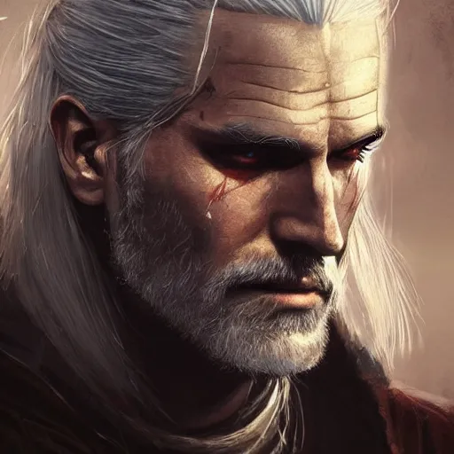 Prompt: geralt of rivia with long beard and intense eyes, scarred, close up, rim lighting, portrait, sinister atmospheric lighting. highly detailed painting by greg rutkowski, anime style, by studio ghibli