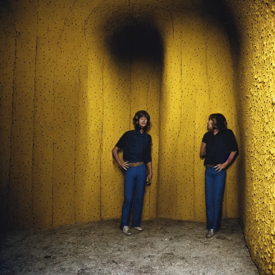 Prompt: 7 0 s movie still large shot of a skinny man with trypophobia in a yellow wall soviet tunnel, cinestill 8 0 0 t 3 5 mm eastmancolor, heavy grain, high quality, high detail