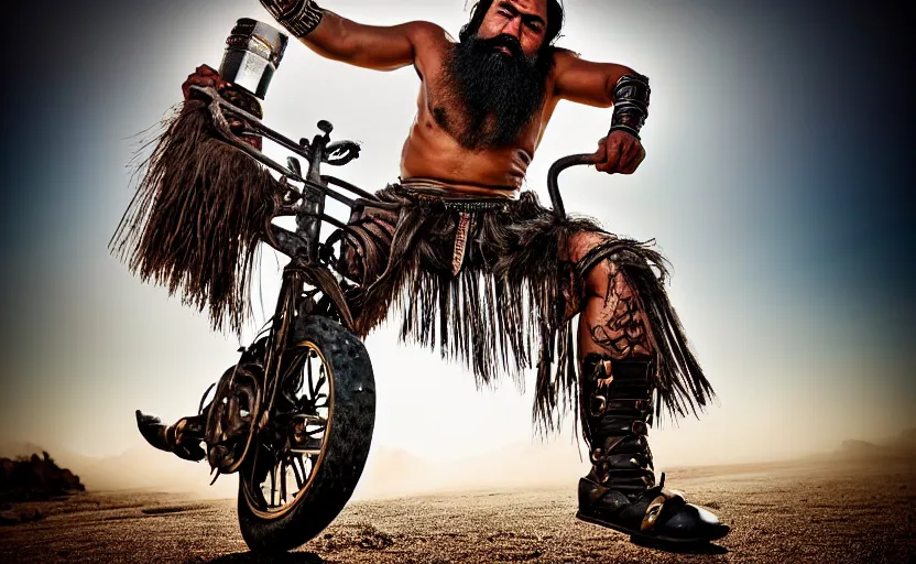 Image similar to old vintage full body photo of ancient maori warrior with full beard riding vintage punk engine with one wheel, extreme sports photography ,super high speed photography, dynamic photography,symmetrical face, clean face, muscular body, high speed,dirt and grawel in air, lens flares, dust partiles in the air, dramatic lighting, intricate, highly detailed, centered, smooth, sharp focus, sports photography, old photo, black and white, sepia, cinematic lighting, cinematic angle, national geographic