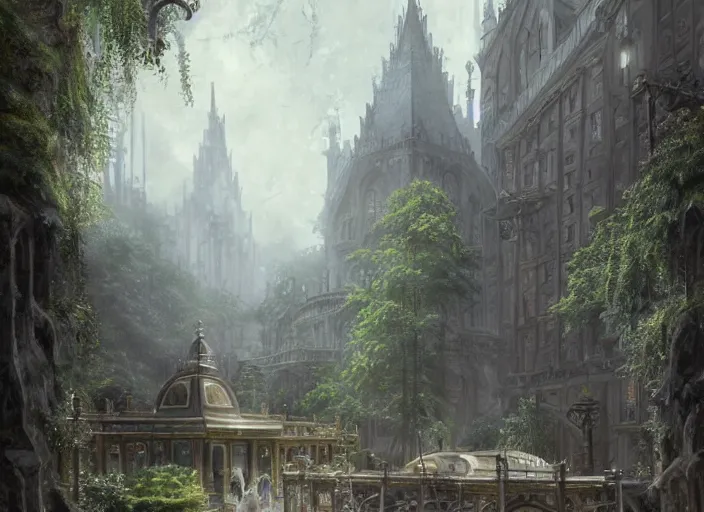 Image similar to A train subway inside a beautiful elven city made of white marble, anime, lush trees, fountain, statue, big clock, trains, a fantasy digital painting by Greg Rutkowski and James Gurney, trending on Artstation, highly detailed