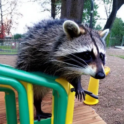 Image similar to angry raccoon vandalizing a children's playground