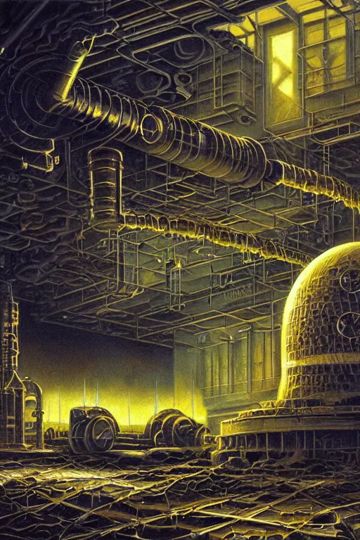 Prompt: classic oil painting, closeup of a dangerous nuclear powered machine, as a dnd cover illustration, inside of an abandoned lab, ominous, concept art, extremely detailed, smooth, sharp focus, art by brothers hildebrandt