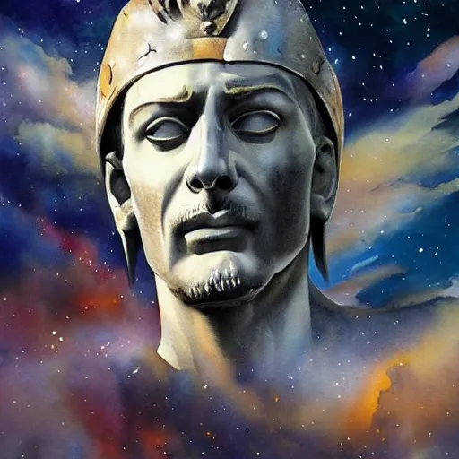 Prompt: vercingetorix in space. watercolor. dramatic. amazing painting. formal. beautiful. high resolution. highly realistic. close - up. trending on artstation