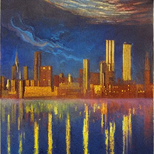 Image similar to impressionistic full - color painting of a distorted mirror reflecting a nightmarish boston downtown skyline in 1 9 2 5 at night with a horrifying sky, aerial view, dark, brooding, night, atmospheric, horror, cosmic, ultra - realistic, smooth, highly detailed by dave dorman