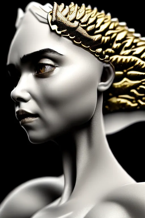 Image similar to bw contrasted close - up profile face, black background, daenerys targaryen - dragon - cyborg - female, 1 5 0 mm, beautiful natural soft rim light, silver gold details, magnolia leaves and stems, roots, mandelbot fractal, elegant, ultra detailed, white metallic armour, octane render, h. r. giger style