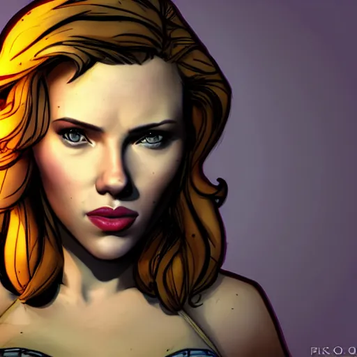 Prompt: scarlett johansson portrait, borderlands, tales from the borderlands, the wolf among us, comic, cinematic lighting, studio quality, 8 k