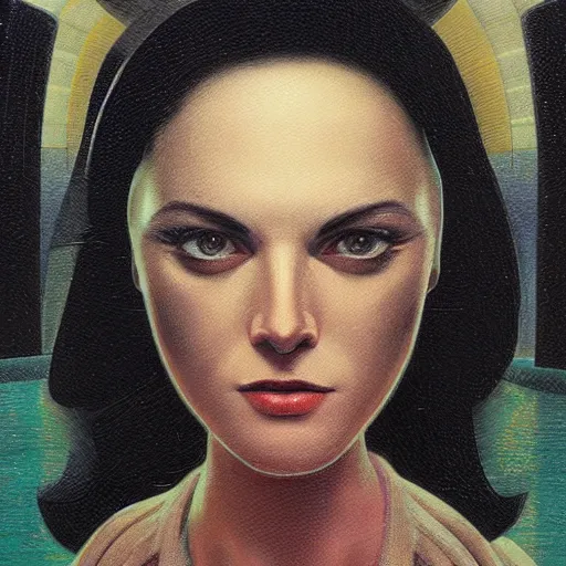 Image similar to detailed face of a woman, clockwork, moment, tectonic sky, skydome, bullet train, turbines, utopian, tech noir, wet reflections, prism, atmospheric, ambient, pj crook, syd mead, livia prima, greg rutkowski, edward hopper