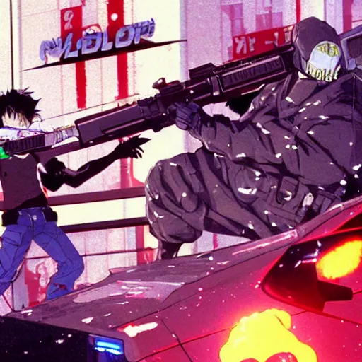 Prompt: 1991 Video Game Screenshot, Anime Neo-tokyo Cyborg bank robbers vs police shootout, bags of money, Police officer hit, Bullet Holes and Blood Splatter, Hostages, Cyberpunk, Anime VFX, Violent, Action, MP5S, FLCL, Highly Detailed, 8k :4 by Katsuhiro Otomo + Studio Gainax + Arc System Works : 8