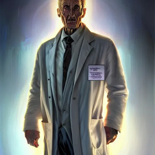 Image similar to marvel comic book style portrait painting of an old short thin man with a thin mean face, wearing a futuristic lab coat, standing in front of a computer simulation, sci - fi, intricate, elegant, highly detailed, digital painting, artstation, concept art, matte, sharp focus, illustration, art by artgerm and greg rutkowski and jim burns and alan lee