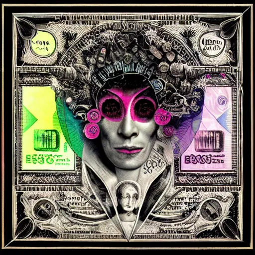 Image similar to post - punk new age album cover, asymmetrical design, frame of a dollar bank notes, capitalism, magic, apocalypse, psychedelic, black white pink, magic, giger h. r., giuseppe arcimboldo