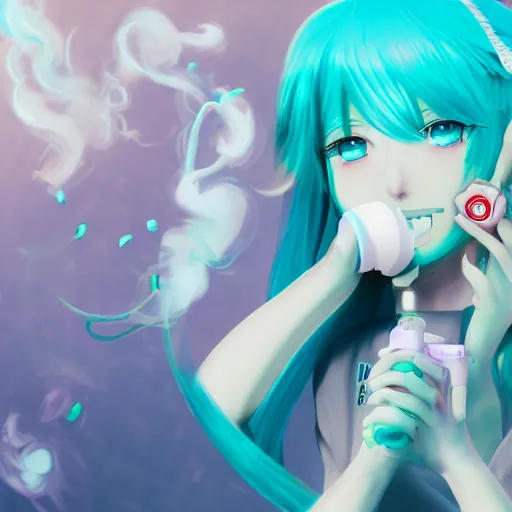 Image similar to hatsune miku smoking weed with a vape pen, smoke coming out of her mouth, bloodshot eyes, artstation, 4 k