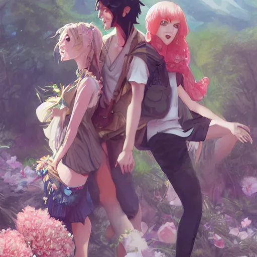 Prompt: a cinematic boy girl traditional romance moment of a group of BLACK university friends dressed as different animals hiking wearing boho clothing and peonies, full body illustration,bestselling movie art poster, official media, 1970s fashion, official anime media, incredible art by artgerm and greg rutkowski and doja cat