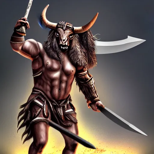 Image similar to Giant minotaur humanoid bull warrior with axe, tauren, concept art, paladin, hyperrealism, high details, digital painting, dark fantasy