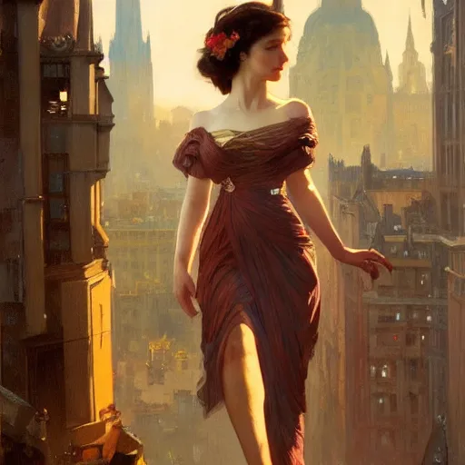 Image similar to a young vivian leigh, city background, dramatic lighting, high detail, painted, by greg rutkowski, painted by stanley artgerm, painted by alphonse mucha, trending on artstation