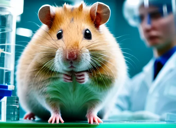 Image similar to film still of a hamster working in a research lab finding the cure for cancer, 8 k