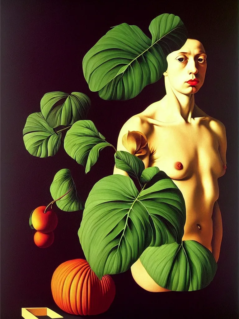 Image similar to hyperrealistic still life portrait a mind imagining itself in the form of beautiful plants, jungian archetypes, by caravaggio, surrealism, vivid colors, serene,, by rene magritte