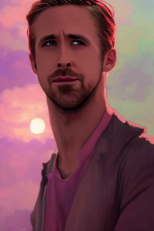 Image similar to ryan gosling robotic clothes in the beach purple sun, pink lighting ultra realistic photorealistic highly detailed high quality, a stunningly, digital painting, artstation, concept art, smooth, sharp focus, illustration, art by artgerm and greg rutkowski and alphonse mucha 8 k