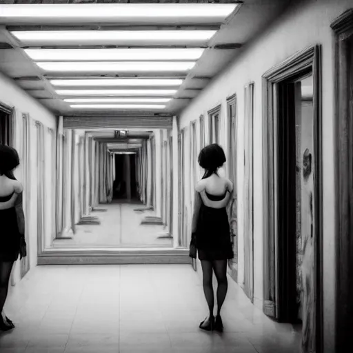 Prompt: a beautiful woman is frightened by her ugly doppleganger in a mirror. she is in a long hallway of mirrors. haunting atmosphere, dimly lit, horror style, realistic, 3 5 mm lens, low angle, 3 / 4 view.