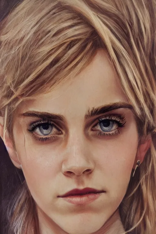 Prompt: An extremely beautiful detailed close up portrait of a blonde haired Emma Watson, green eyes, long hear, round face, artstation, oil painting, award winning