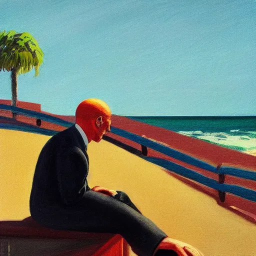 Image similar to a portrait painting of a man in a suit and a skull as his head sitting by the beach, 1 9 5 0 ad campaign, in the style of edward hopper, in the style of edward hopper and david hockney, 4 k,