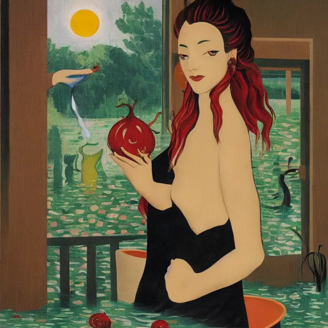 Image similar to tall female catgirl artist holding vegetables in her flooded kitchen, pomegranates, octopus, water gushing from ceiling, painting of flood waters inside an artist's apartment, a river flooding indoors, candles, ikebana, zen, rapids, waterfall, black swans, canoe, berries, acrylic on canvas, surrealist, by magritte and monet