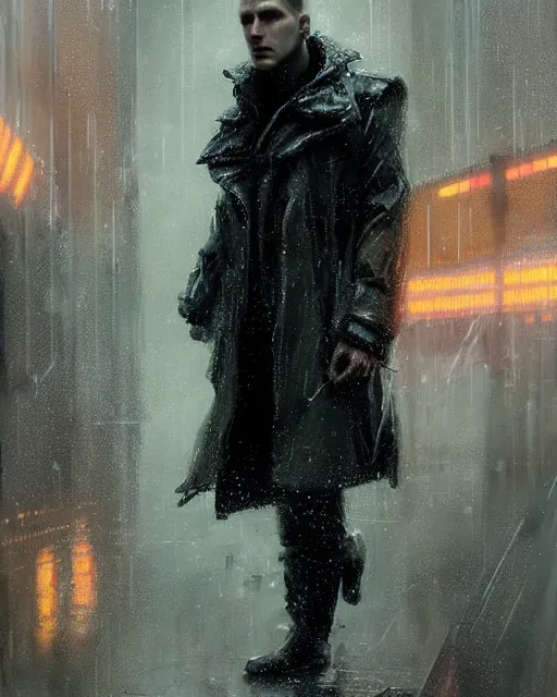 Prompt: detailed portrait bladerunner movie scene European Pretty Young Girl Storm Rain movie Jacket coat, Futuristic sci-fi fashion, royal attire by ismail inceoglu dragan bibin hans thoma greg rutkowski Alexandros Pyromallis Nekro Rene Margitte illustrated Perfect face, sharp chine, fine details, realistic shaded, fine-face, pretty face cyberpunk, neotokyo, synthwave, aesthetics, futuristic, low-emission-neon