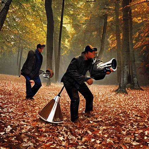 Image similar to men with leaf blowers fighting the falling leaves in a forest, detailed face, by Steve McCurry and David Lazar, CANON Eos C300, ƒ5.6, 35mm, 8K, medium-format print