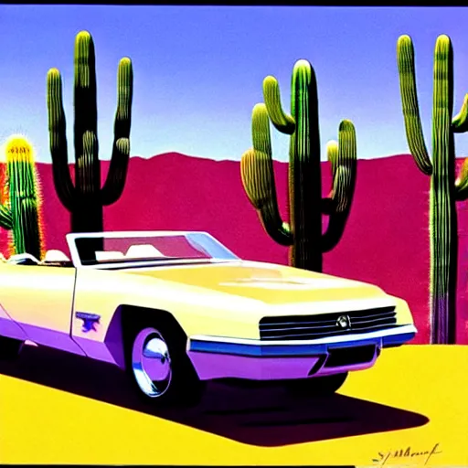 Image similar to concept art for a convertible full of cactuses, painted by syd mead, high quality