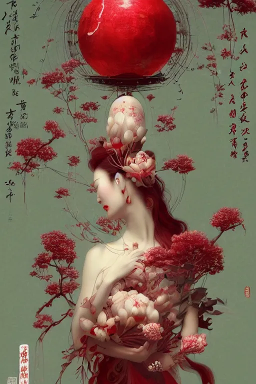 Prompt: breathtaking detailed red gardian mao baby in glace sphere no futur taiwan concept art painting art deco pattern of birds goddesses amalmation flowers, by hsiao ron cheng, tetsuya ichida, bizarre compositions, exquisite detail, extremely moody lighting, 8 k, art nouveau, old chines painting